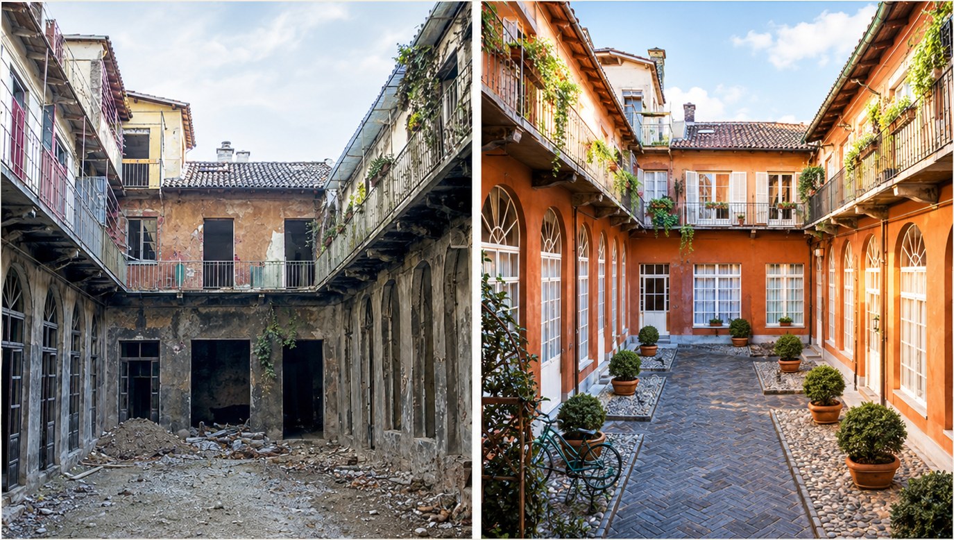 Cortile prima e dopo il restauro
